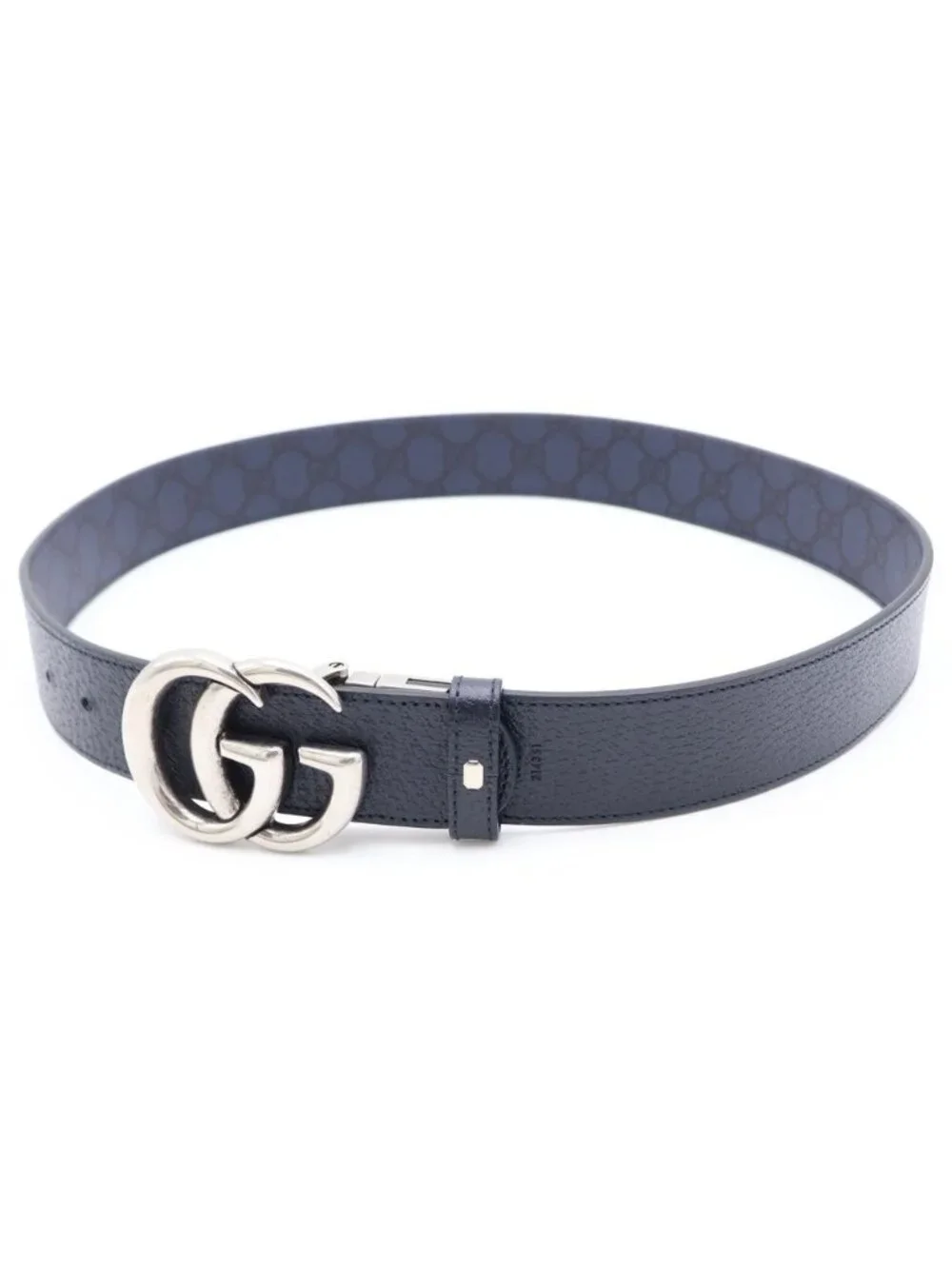 Gucci Interlocking Buckle Leather Belt Navy GG Supreme Silver